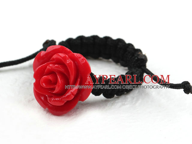 5 Pieces Red Color Imitation Turquoise Rose Flower Woven Drawstring Adjustable Ring