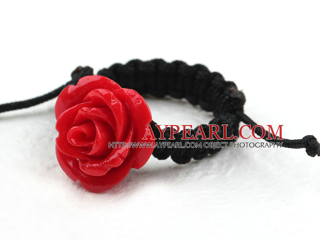 Rød farge Imitasjon Turkis Rose Flower veves Drawstring Justerbar Ring