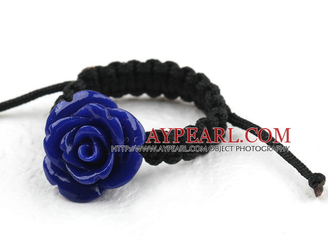 5 Pieces Dark Blue Color Imitation Turquoise Rose Flower Woven Drawstring Adjustable Ring