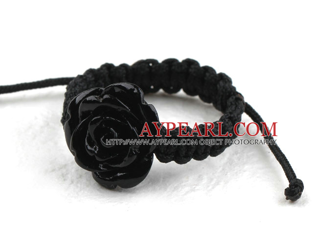 5 Pieces Black Imitation Turquoise Rose Flower Woven Drawstring Adjustable Ring