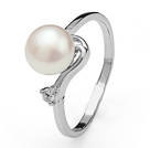 Fashion Natural 6-7mm White Freshwater Pearl Ring With Charming Rhinestone