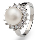 Classic Natural 8-9mm White Freshwater Pearl Ring With Charming Rhinestones