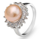 Classic Natural 8-9mm Pink Freshwater Pearl Ring With Charming Rhinestones