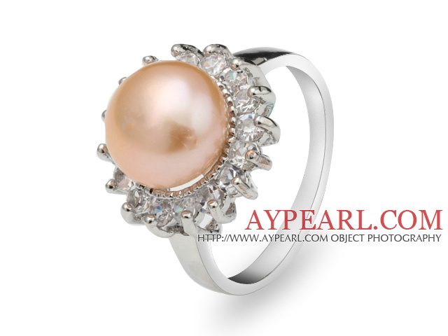 Classic Natural 8-9mm Pink Freshwater Pearl Ring With Charming Rhinestones