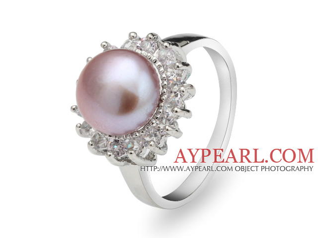 Classic Natural 8 - 9mm Purple Ferskvann Pearl Ring med Charming Rhinestones