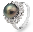 Klassische Natur 8-9mm schwarz Süßwasser-Zuchtperlen Ring mit Strass Charming