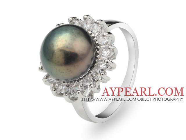 Classic Natural 8-9mm Black Freshwater Pearl Ring With Charming Rhinestones