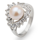 Mode Naturel 8 -9mm blanc perle d'eau douce Ring avec belle charme de Rhinestone Et Triangle