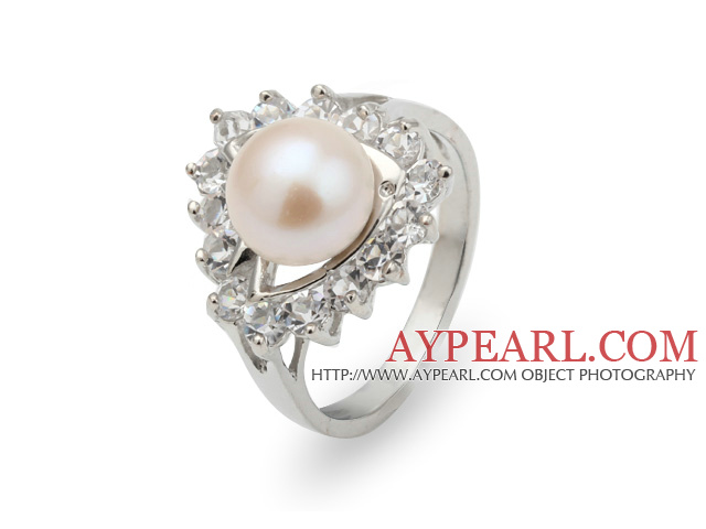 Mode Naturel 8 -9mm blanc perle d'eau douce Ring avec belle charme de Rhinestone Et Triangle