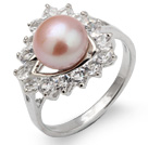 Fashion Natural 8-9mm Pink Freshwater Pearl Ring With Beautiful Rhinestone And Triangle Charm