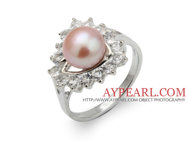 Fashion Natural 8 - 9mm Pink ferskvannsperle Ring med vakker Rhinestone Og Triangle Charm