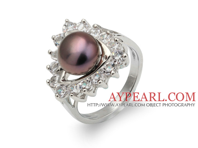 Fashion Natural 8 - 9mm Purple Ferskvann Pearl Ring med vakker Rhinestone Og Triangle Charm