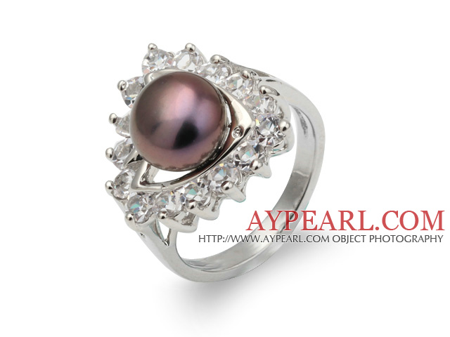 Mode Naturel 8 -9mm pourpre perle d'eau douce Ring avec belle charme de Rhinestone Et Triangle