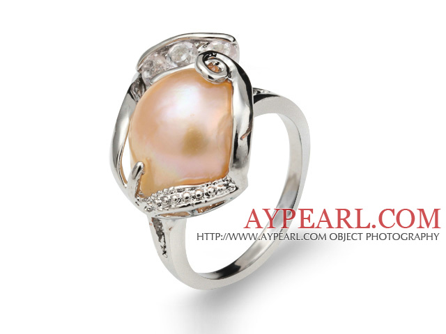 Fashion Natural 9-11mm Pink Blister Pearl Ring With Charming Rhinestone