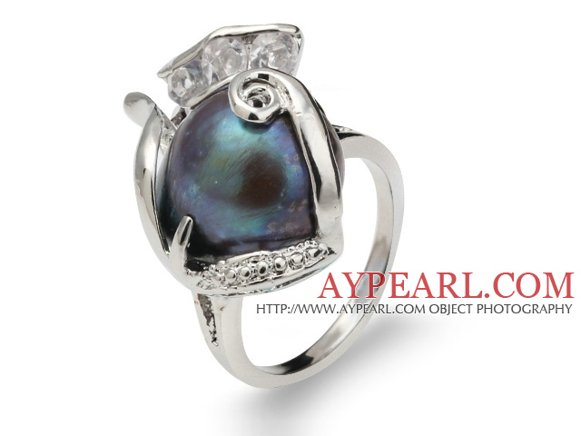 Мода природных 9 -11мм черный блистер жемчужное кольцо с очаровательной горный хрусталь