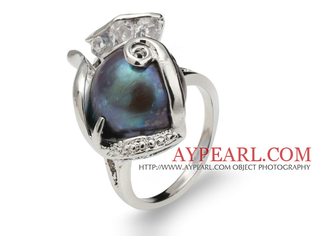 Mode Natur 9- 11mm Schwarz Blister Perlen-Ring mit Strass Charming