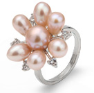 Vakker Natural 5 - 6mm Pink ferskvannsperle Flower Ring med Charming Rhinestone