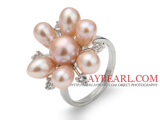 Vackra Natural 5 - 6mm rosa sötvattenspärla blomma Ring med Charming Rhinestone