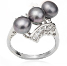 Wonderful Natural 6-7mm Black Freshwater Pearl Ring With Charming Rhinestone