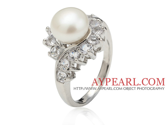 8 -9mm blanc perle d'eau douce Anneau naturel classique avec strass de Charme