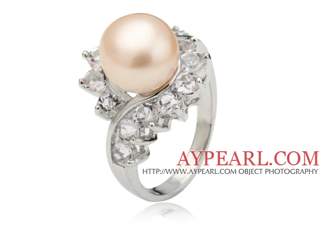 Classic Natural 8-9mm Pink Freshwater Pearl Ring With Charming Rhinestone