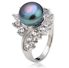 Classic Natural 8-9mm Black Freshwater Pearl Ring With Charming Rhinestone