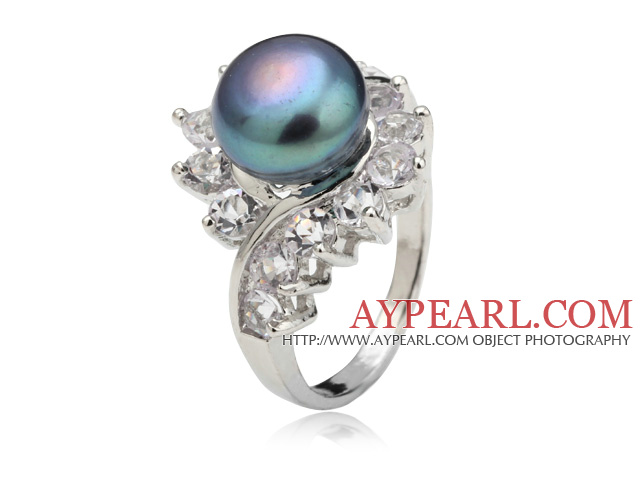 Classic Natural 8-9mm Black Freshwater Pearl Ring With Charming Rhinestone