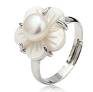 Nice Natural 5-6mm White Freshwater Pearl And White Shell Flower Adjustable Ring