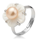 Nice Natural 5-6mm Pink Freshwater Pearl And White Shell Flower Adjustable Ring