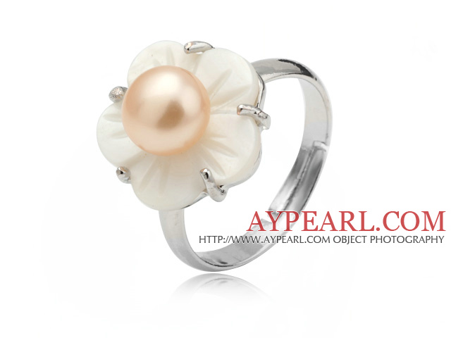Nice Natural 5-6mm Pink Freshwater Pearl And White Shell Flower Adjustable Ring
