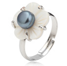 Nice Natural 5-6mm Black Freshwater Pearl And White Shell Flower Adjustable Ring
