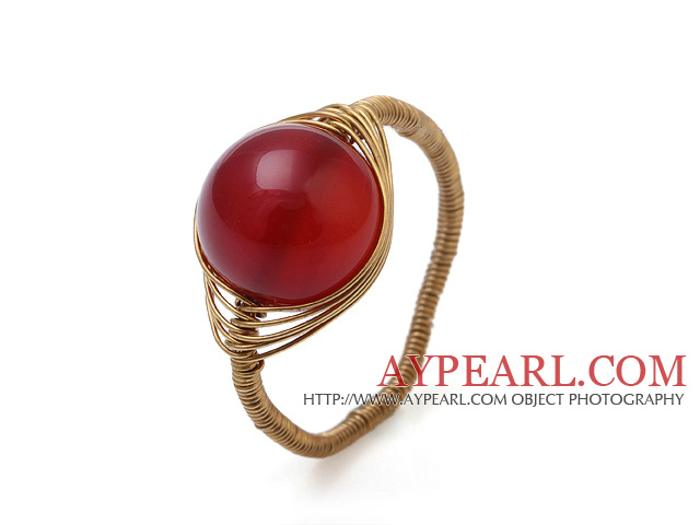 Beautiful 12mm Round Red Agate Ball Layer Copper Wired Crochet Ring