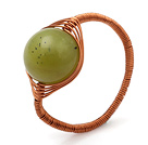 Beautiful 12mm Round Green Olive Jade Ball Layer Copper Wired Crochet Ring