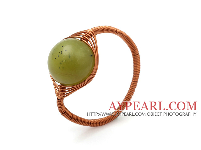 Beautiful 12mm Round Green Olive Jade Ball Layer Copper Wired Crochet Ring