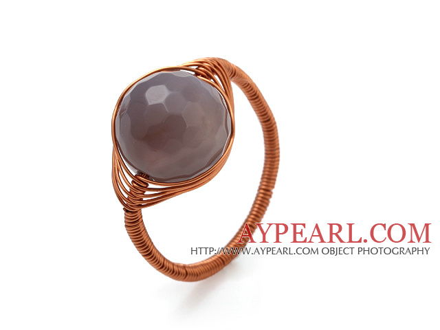 Mode 12mm runda facetterade Gray Agate Ball Layer Copper Wired virkning ring