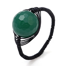Wholesale Nice 12mm Round Facted Green Agate Ball Layer Black Threaded Crochet Ring