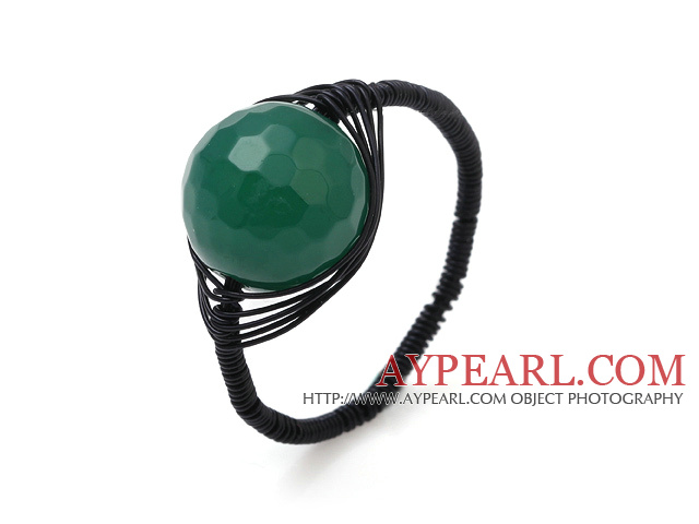 Mukava 12mm Round Facted Green Akaatti Ball Layer Musta kierteitetyt Virkkaa Ring