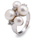 Fashion 7-9mm Natural White Freshwater Pearl Metal Ring With Charming Rhinestone