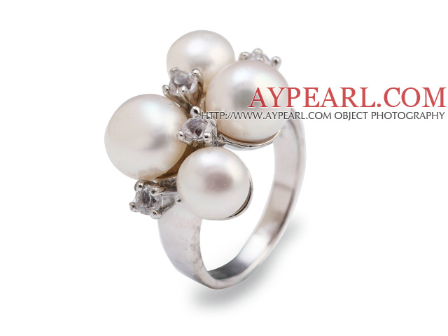 Fashion 7-9mm Natural White Freshwater Pearl Metal Ring With Charming Rhinestone