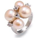 Fashion 7-9mm Natural Pink Freshwater Pearl Metal Ring With Charming Rhinestone