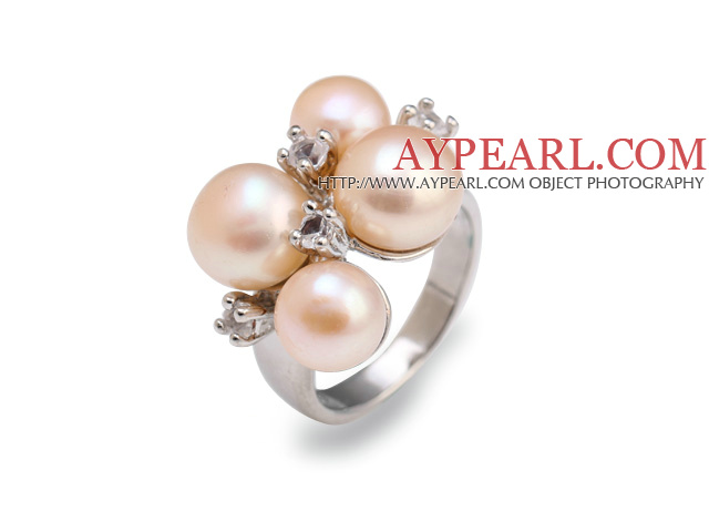 Fashion 7-9mm Natural Pink Freshwater Pearl Metal Ring With Charming Rhinestone