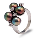 Fashion 7 - 9mm Natural Svart Ferskvann Pearl Metal Ring med Charming Rhinestone