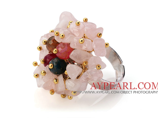 Lovely Handmade Cluster Style Rose Quartz Chips And Multi Agate Adjustable Metal Ring