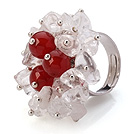 Lovely Handmade Cluster Style White Crystal And Round Red Agate Adjustable Metal Ring