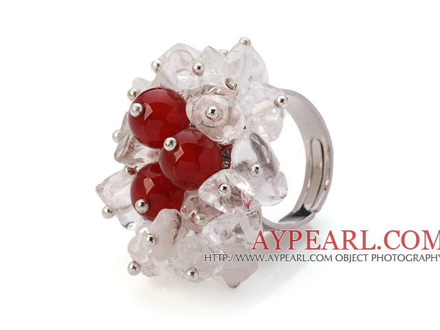 Beau modèle de cluster main en cristal blanc et rond rouge Agate Bague réglable en métal
