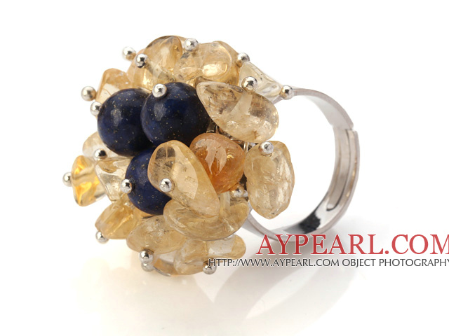 Lovely Handmade Cluster Style Chipped Citrine And Round Lapis Adjustable Metal Ring