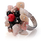 Lovely Handmade Cluster Style Multi Stone Chips And Round Agate Bloodstone Adjustable Metal Ring