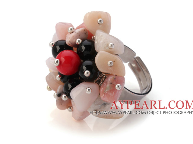 Nydelig Håndlaget Cluster Stil Multi Stone Chips And Round Agate Bloods Justerbar Metal Ring