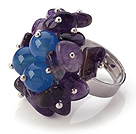 Wholesale Lovely Handmade Cluster Style Multi Amethyst Chips And Round Faceted Blue Agate Adjustable Metal Ring