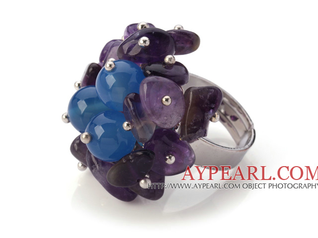 Lovely Handmade Cluster Style Multi Amethyst Chips And Round Faceted Blue Agate Adjustable Metal Ring